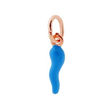Ciondolo Portafortuna Corno mm 18 con Smalto Azzurro in ARGENTO 925 Galvanica Rosa