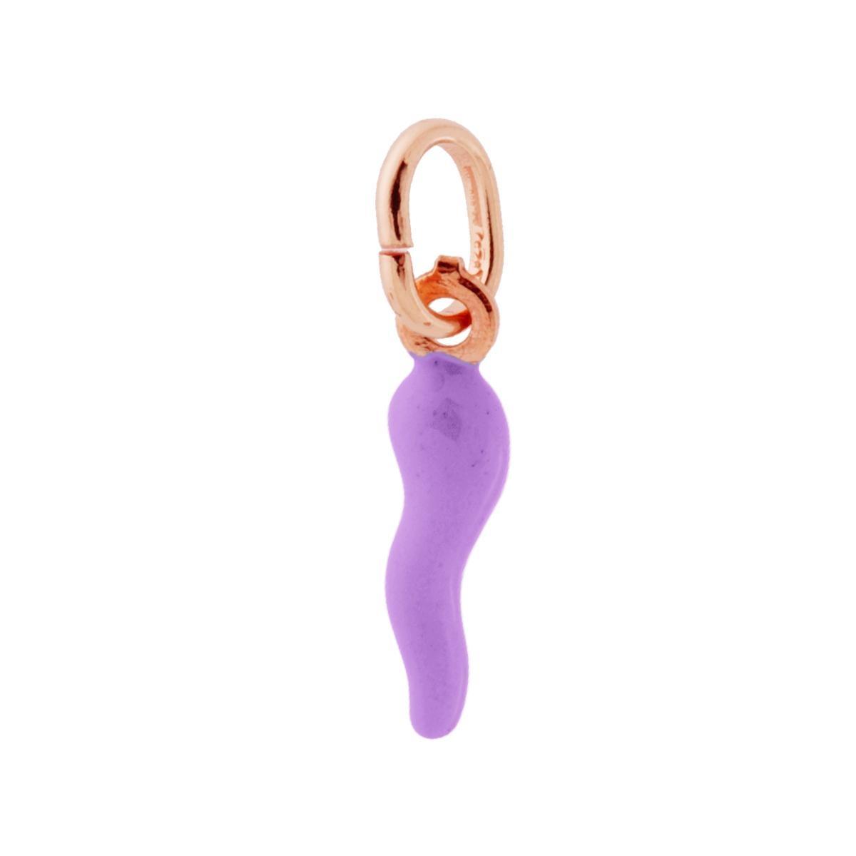 Ciondolo Portafortuna Corno mm 18 con Smalto Lilla in ARGENTO 925 Galvanica Rosa