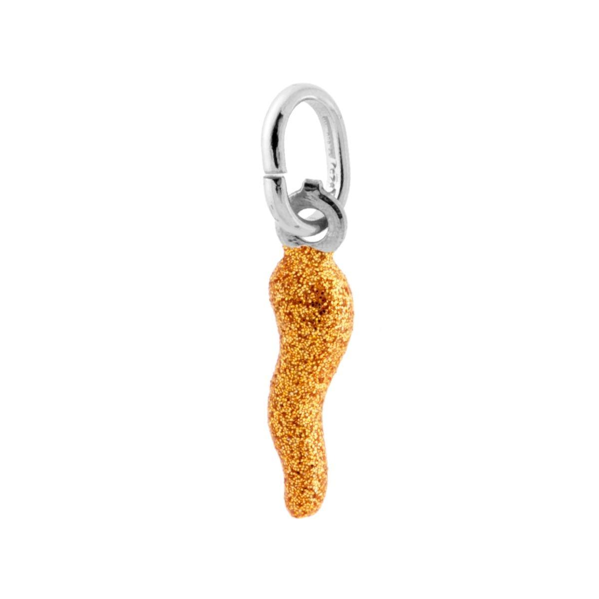 Ciondolo Portafortuna Corno mm 18 con Smalto Oro glitter in ARGENTO 925 Galvanica Rodio