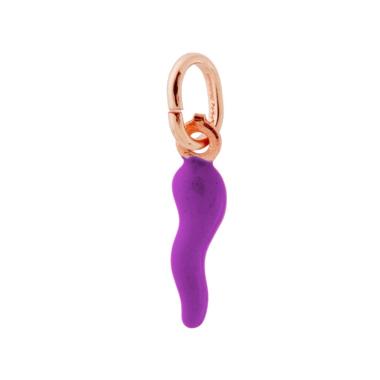 Ciondolo Portafortuna Corno mm 18 con Smalto Viola in ARGENTO 925 Galvanica Rosa