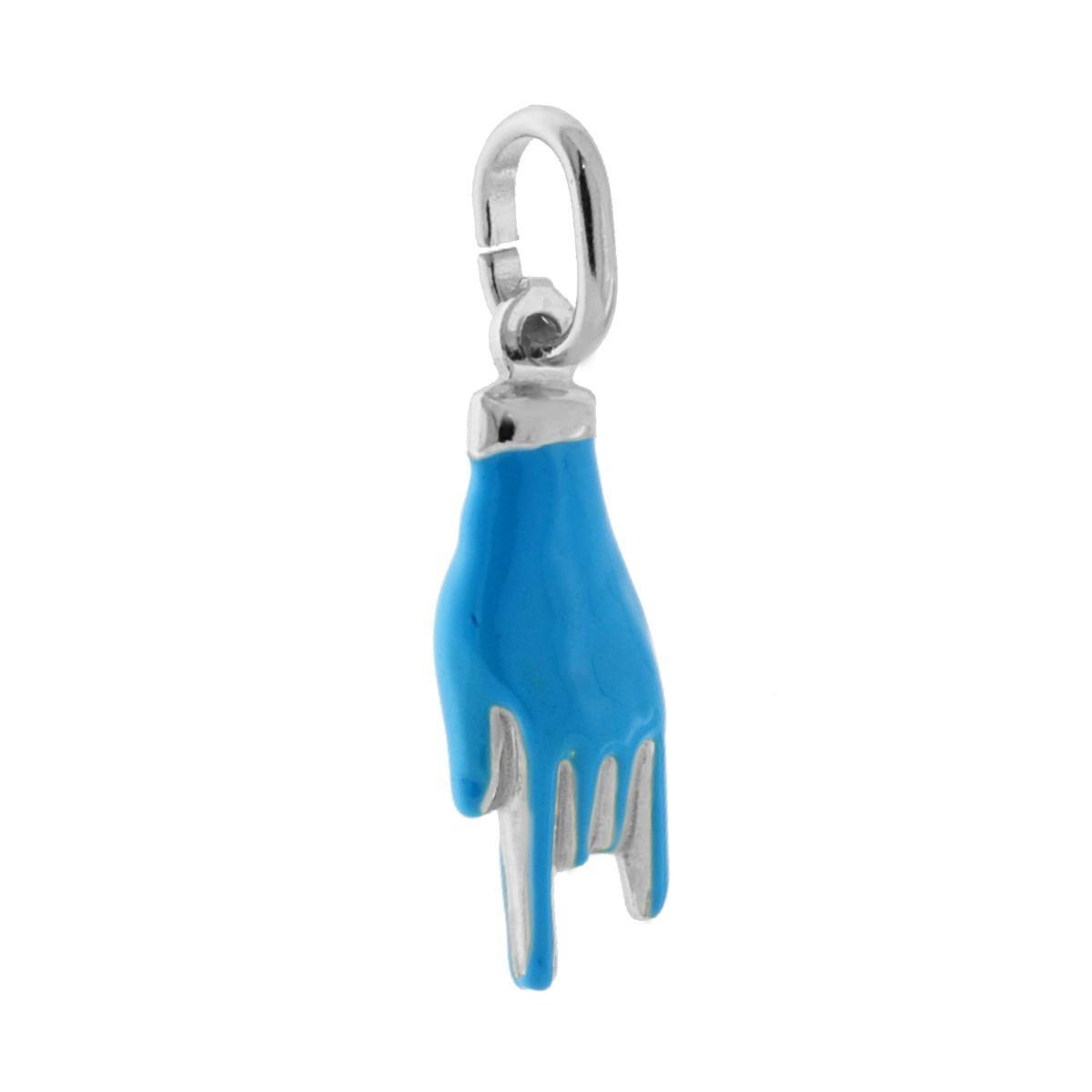 Ciondolo Portafortuna Mano Corna con Smalto Azzurro in ARGENTO 925 Galvanica Rodio