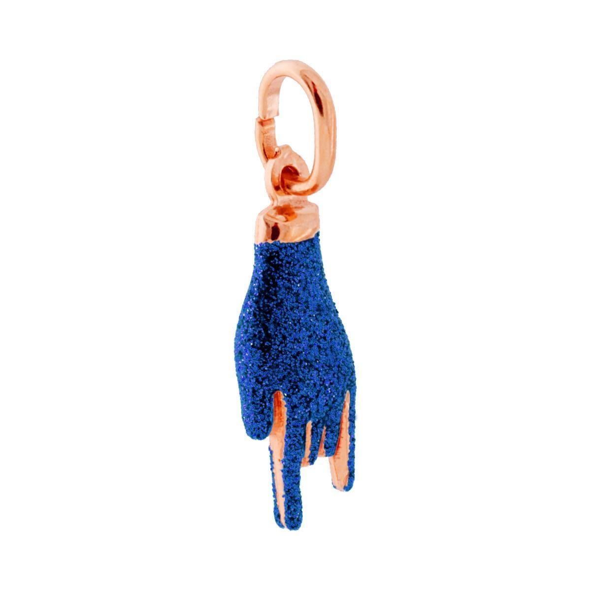 Ciondolo Portafortuna Mano Corna con Smalto Blu glitter in ARGENTO 925 Galvanica Rosa