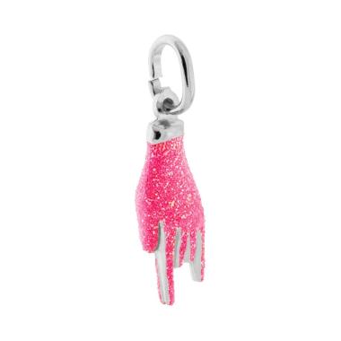 Ciondolo Portafortuna Mano Corna con Smalto Rosa Glitter in ARGENTO 925 Galvanica Rodio