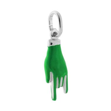 Ciondolo Portafortuna Mano Corna con Smalto Verde in ARGENTO 925 Galvanica Rodio