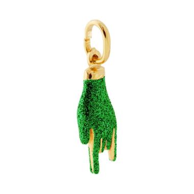 Ciondolo Portafortuna Mano Corna con Smalto Verde glitter in ARGENTO 925 Galvanica Oro