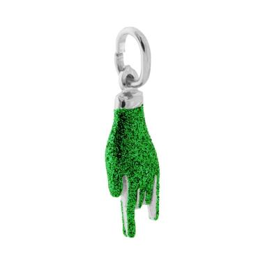 Ciondolo Portafortuna Mano Corna con Smalto Verde glitter in ARGENTO 925 Galvanica Rodio