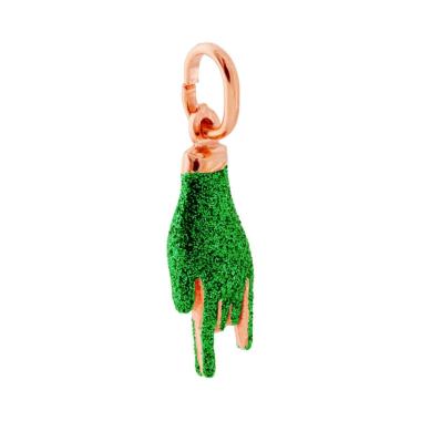 Ciondolo Portafortuna Mano Corna con Smalto Verde glitter in ARGENTO 925 Galvanica Rosa