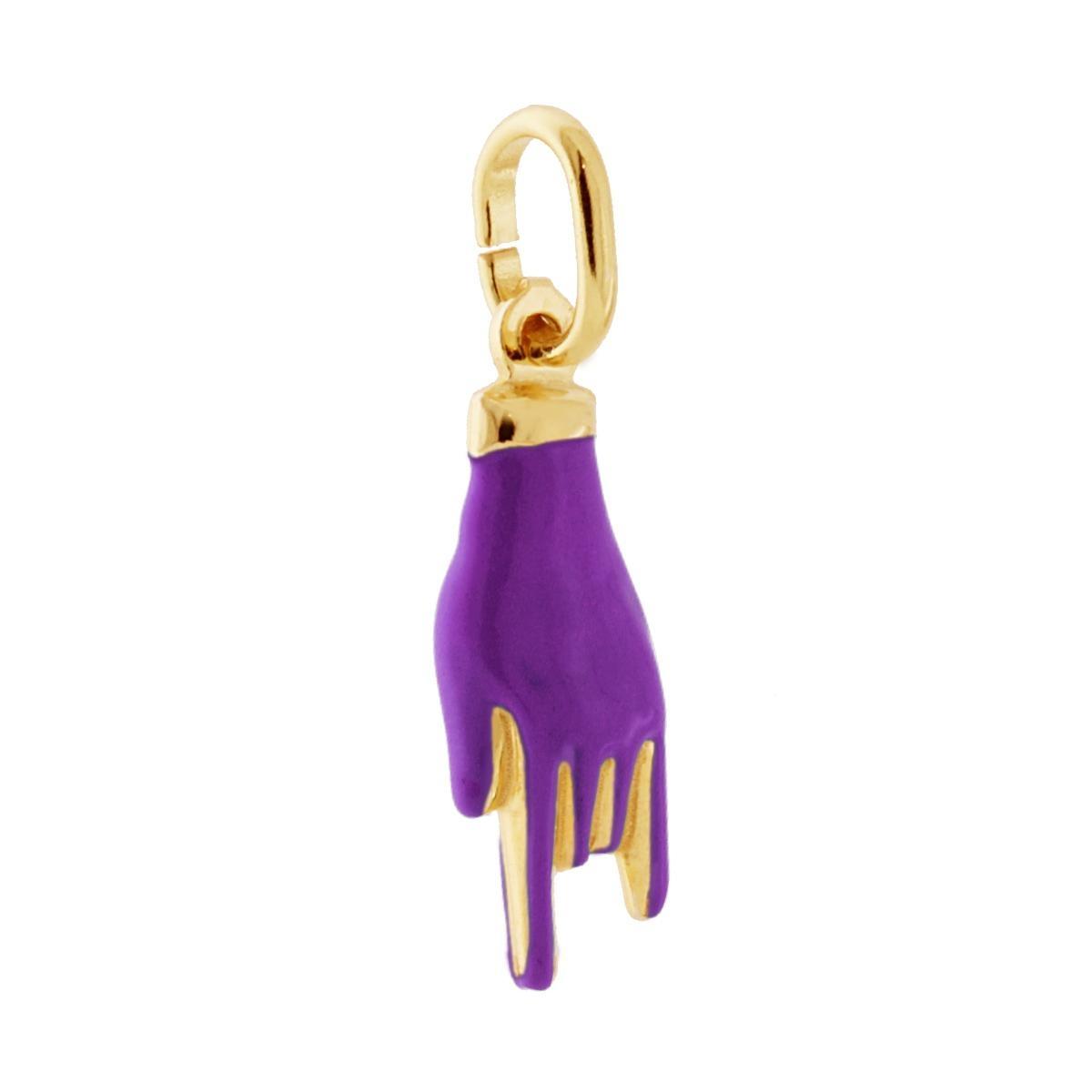 Ciondolo Portafortuna Mano Corna con Smalto Viola in ARGENTO 925 Galvanica Oro