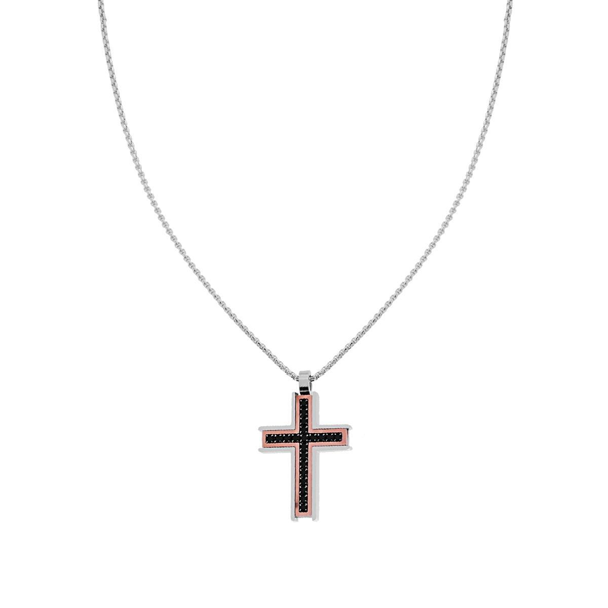 Collana Catena Veneziana Tonda con Croce Rosa e Crystal Neri in ACCIAIO