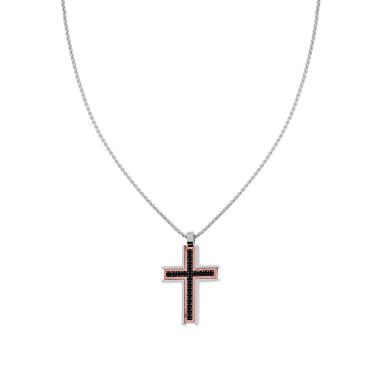 Collana Catena Veneziana Tonda con Croce Rosa e Crystal Neri in ACCIAIO