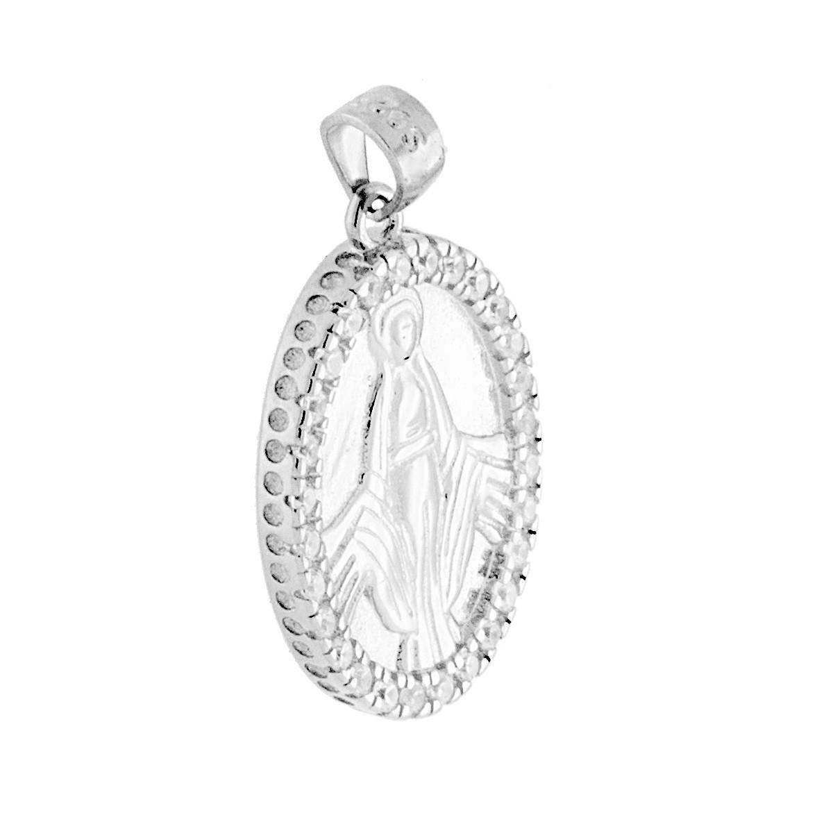 Ciondolo Medaglia Ovale 21 mm con Madonna Miracolosa e Zirconi Bianchi in ARGENTO 925 Galvanica Rodio