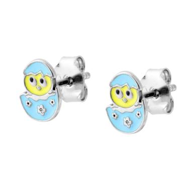 Orecchini Pulcino con Smalto Azzurro in ARGENTO 925 Galvanica Rodio