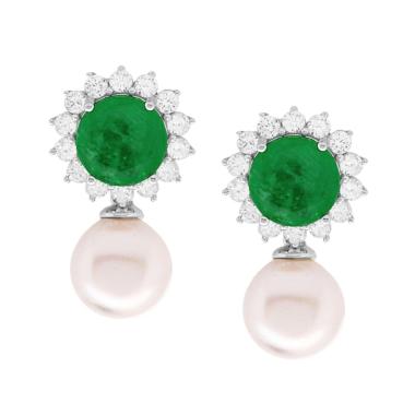 Orecchini Tondi con Pietre Naturali Verde Smeraldo contornate da Zirconi Bianchi e Perla Naturale Pendente in ARGENTO 925 Galvanica Rodio