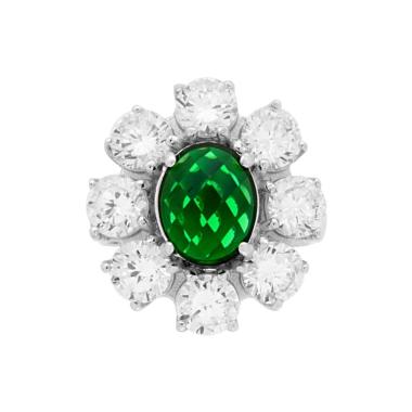 Anello Halo Solitario Fiore con Zircone Ovale Verde Smeraldo e Zirconi Bianchi in ARGENTO 925 Galvanica Rodio