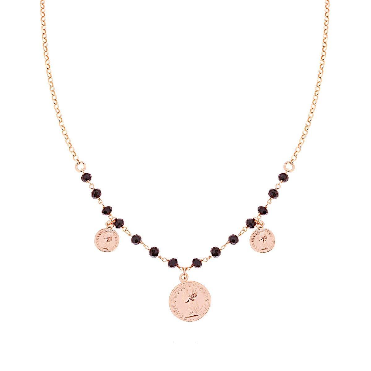 Collana Catena Rolo con Monete pendenti e Crystal Neri in ARGENTO 925 Galvanica Rosa