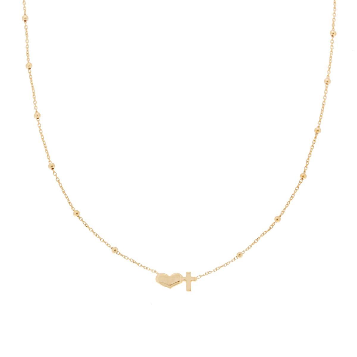 Collana Catena Forzatina diamantata con Palline e Cuore Croce centrale in ARGENTO 925 Galvanica Oro