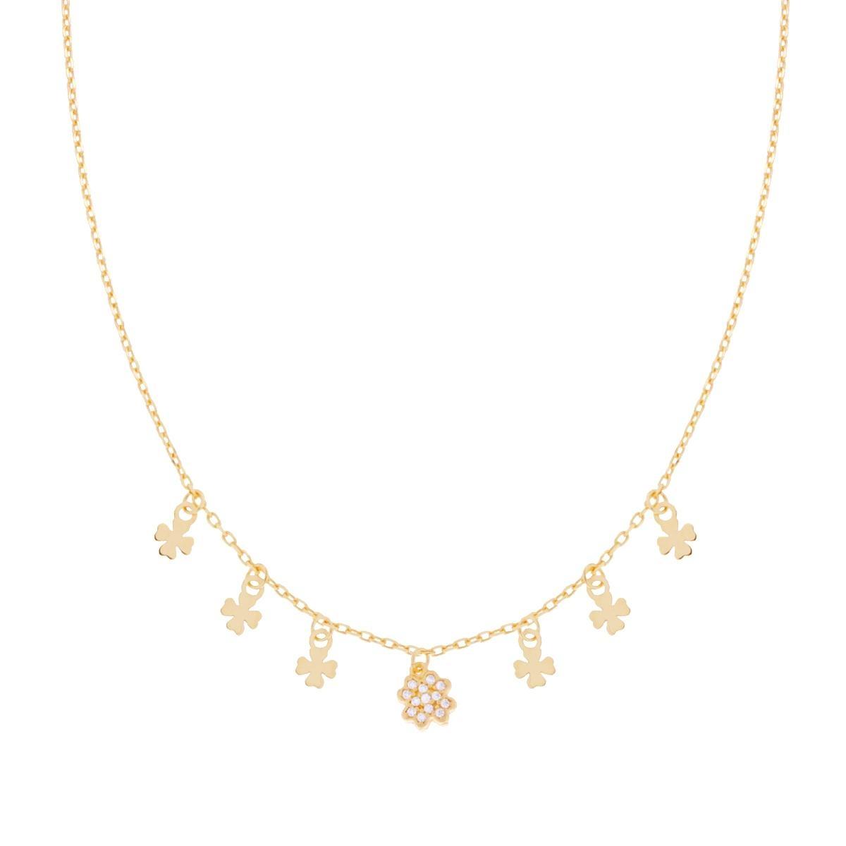 Collana Catena Forzatina Diamantata con Quadrifogli pendenti e Zirconi Bianchi in ARGENTO 925 Galvanica Oro