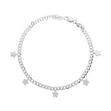 Bracciale Catena Grumetta con Stelle plain pendenti in ARGENTO 925 Galvanica Rodio