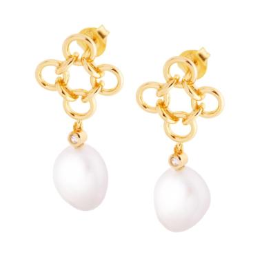 Orecchini con Perla Scaramazza pendente e Zircone Bianco in ARGENTO 925 Galvanica Oro