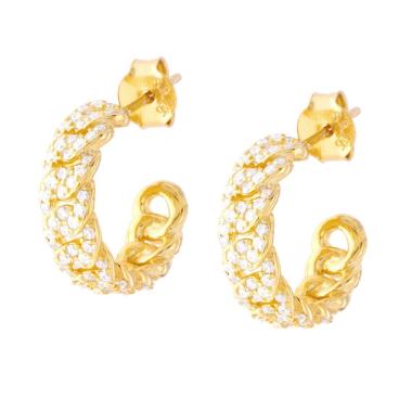 Orecchini Cerchio Grumetta mm 15 con Zirconi Bianchi in ARGENTO 925 Galvanica Oro