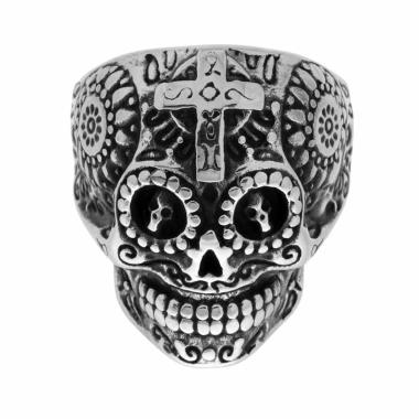 Anello Chevalier Teschio Messicano con Decori Laterali in ACCIAIO Brunito