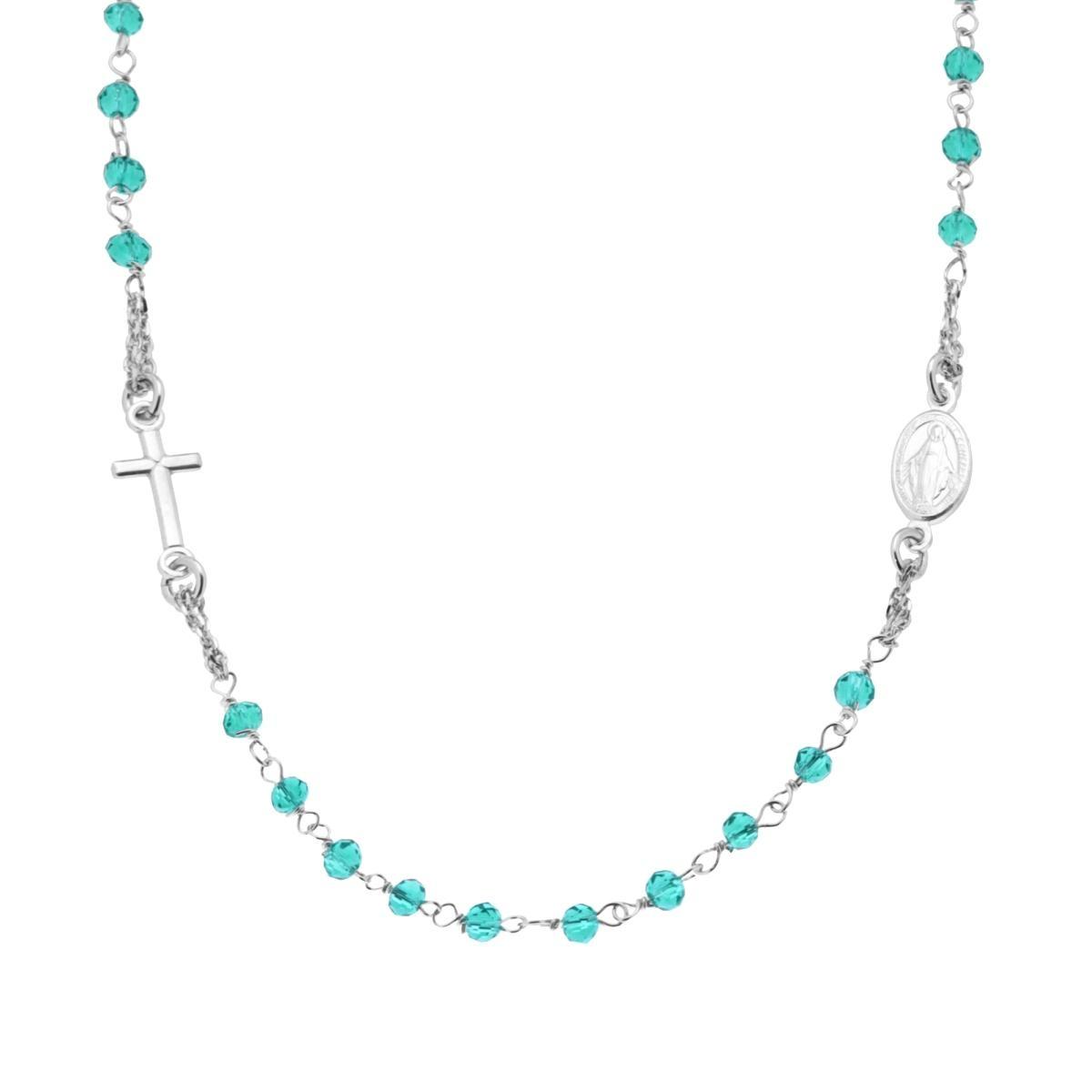 Collana Rosario modello Girocollo cm 50 con Grani mm 3.5 Crystal Verde Mare in ARGENTO 925 Galvanica Rodio