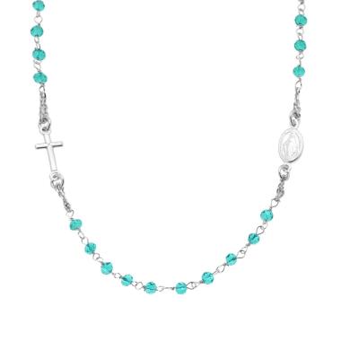 Collana Rosario modello Girocollo cm 50 con Grani mm 3.5 Crystal Verde Mare in ARGENTO 925 Galvanica Rodio