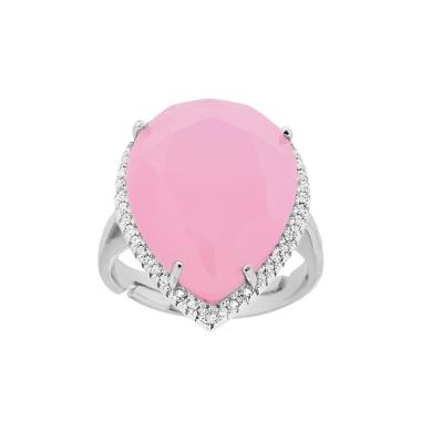 Anello Goccia con Pietra Rosa sfaccettata contornata con Zirconi Bianchi in ARGENTO 925 Galvanica Rodio