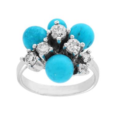 Anello Sfere pasta di Turchese con Zirconi Bianchi in ARGENTO 925 Galvanica Rodio