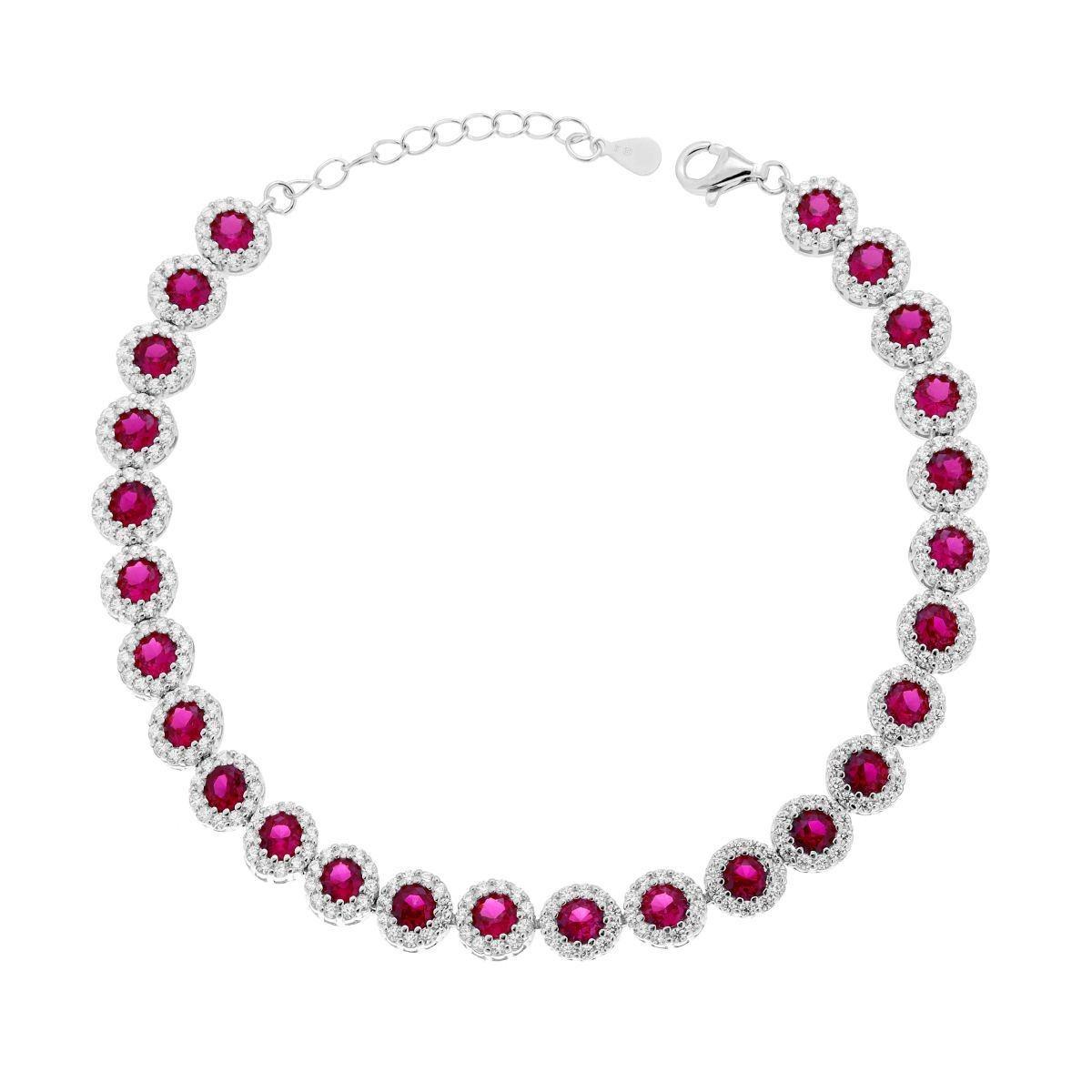 Bracciale Tennis Griffe cm 18+3 Fiore con Cubic Zirconia Rosso Rubino contornato da Cubic Zirconia Bianchi in ARGENTO 925 Galvanica Rodio