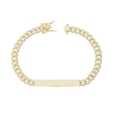 Bracciale Targa con Catena Grumetta con Cubic Zirconia Bianchi in ARGENTO 925 Galvanica Oro