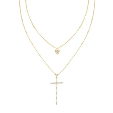Collana due fili Catena Grumetta Diamantata con Cuore e Croce pendenti con Cubic Zirconia Bianchi in ARGENTO 925 Galvanica Oro