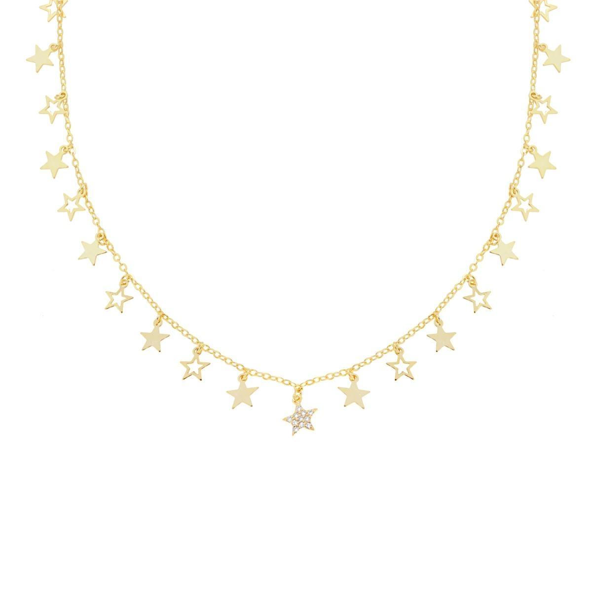 Collana Catena Forzatina Diamantata con Stelle pendenti plain e Cubic Zirconia Bianchi in ARGENTO 925 Galvanica Oro