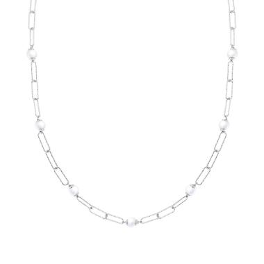 Collana Catena Grumetta allungata Diamantate con Perla vetro perlato in ARGENTO 925 Galvanica Rodio