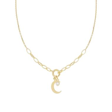 Collana Catena Forzatina ovale con Punto Luce Cubic Zirconia Bianco e Luna plain in ARGENTO 925 Galvanica Oro