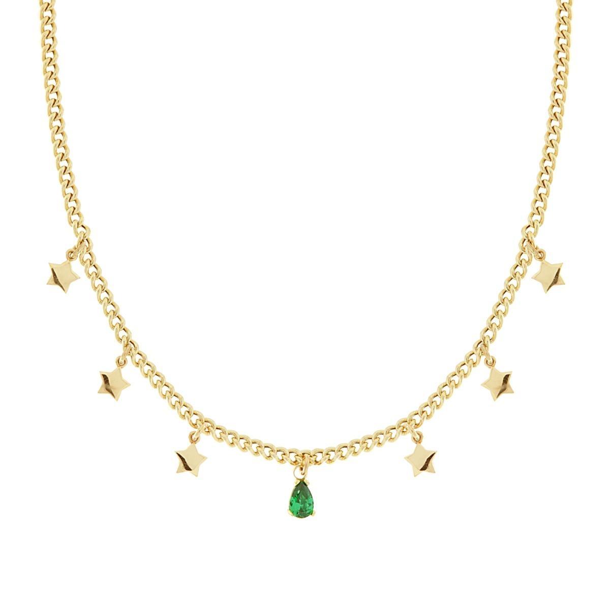 Collana Catena Grumetta con Stelle e Goccia Cubic Zirconia Verde Smeraldo pendenti in ARGENTO 925 Galvanica Oro