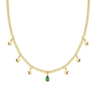 Collana Catena Grumetta con Stelle e Goccia Cubic Zirconia Verde Smeraldo pendenti in ARGENTO 925 Galvanica Oro