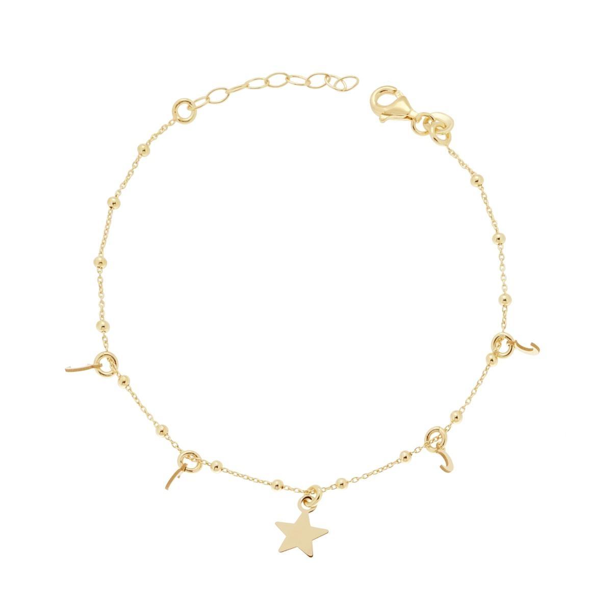 Bracciale Catena Forzatina Diamantata con Palline lisce Lune e Stella pendenti in ARGENTO 925 Galvanica Oro