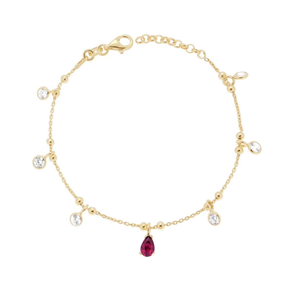 Bracciale Catena Forzatina Diamantata con Cubic Zirconia Bianchi e Goccia Rosso Rubino pendenti in ARGENTO 925 Galvanica Oro
