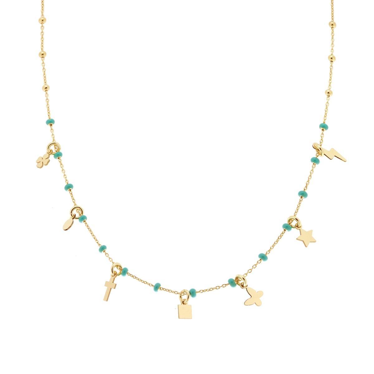 Collana Catena Forzatina Diamantata con Palline smaltate Verde e Charms pendenti in ARGENTO 925 Galvanica Oro