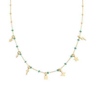 Collana Catena Forzatina Diamantata con Palline smaltate Verde e Charms pendenti in ARGENTO 925 Galvanica Oro