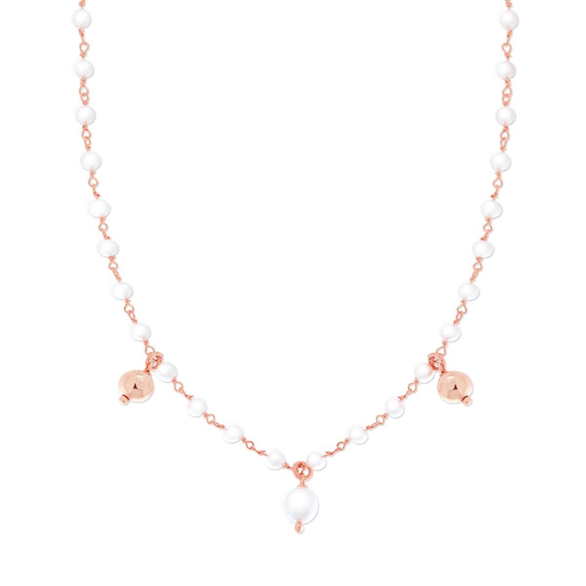 Collana Catena con Perle vetro perlato e Palline pendenti in ARGENTO 925 Galvanica Rosa