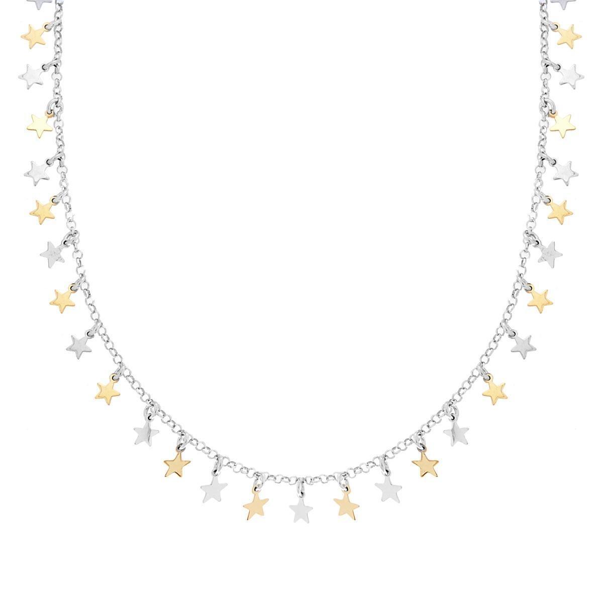 Collana Catena Rolo Diamantata con Stelle plain pendenti in ARGENTO 925 Galvanica Rodio e Oro