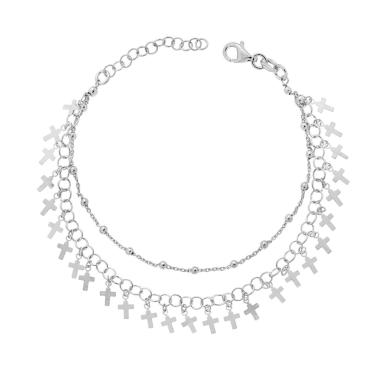 Bracciale due fili Catena Forzatina Diamantata e Palline lisce con Croci plain pendenti in ARGENTO 925 Galvanica Rodio