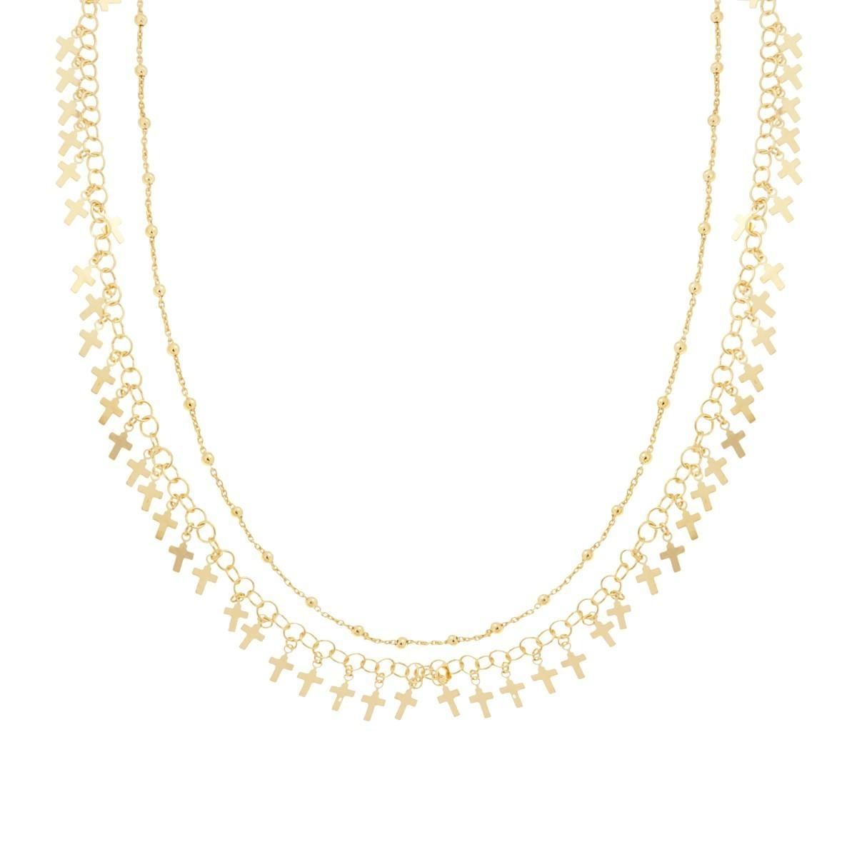 Collana due fili Catena Forzatina Diamantata e Palline lisce con Croci plain pendenti  in ARGENTO 925 Galvanica Oro