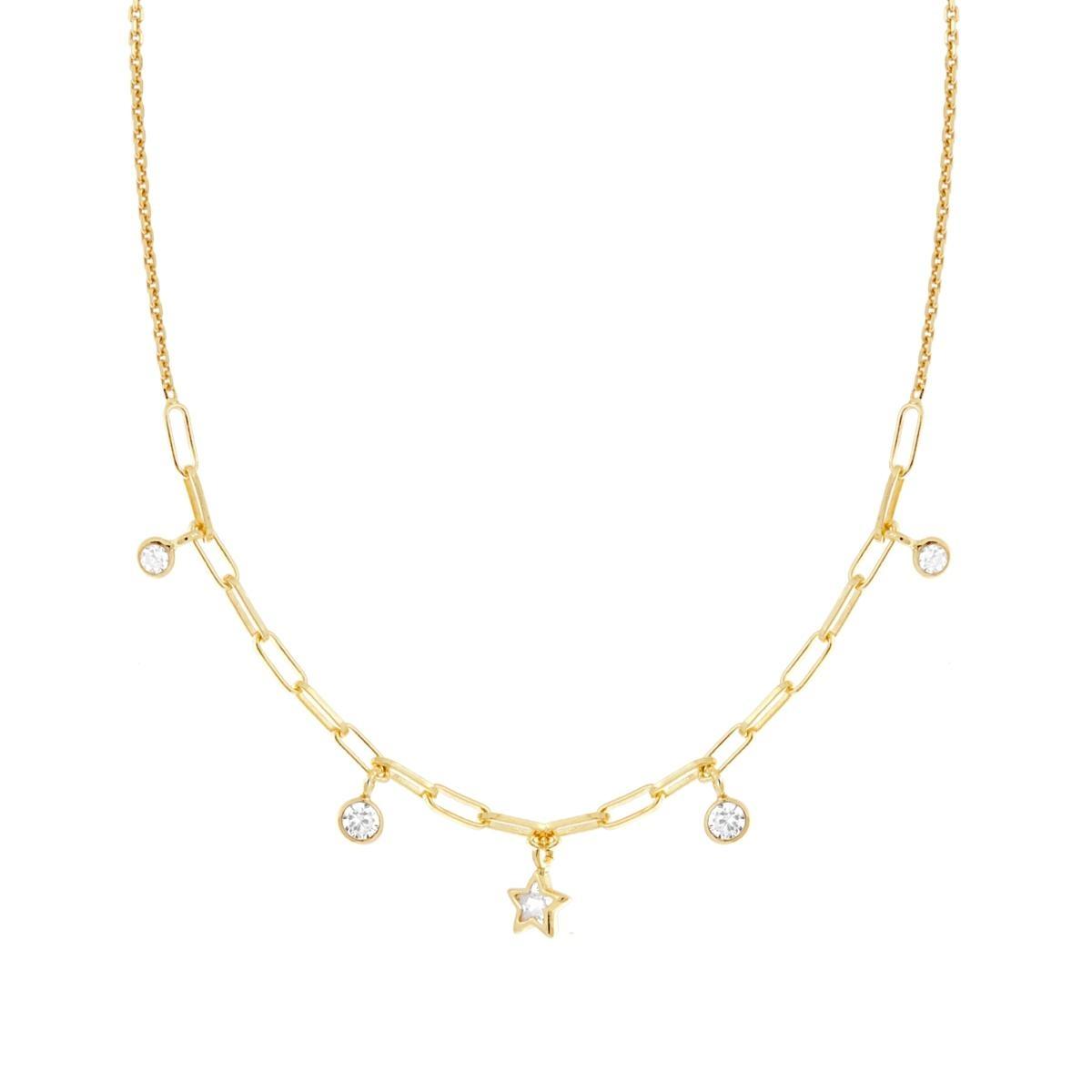 Collana Catena Rolo Diamantata con Stelle e Tondi Cubic Zirconia Bianchi pendenti in ARGENTO 925 Galvanica Oro