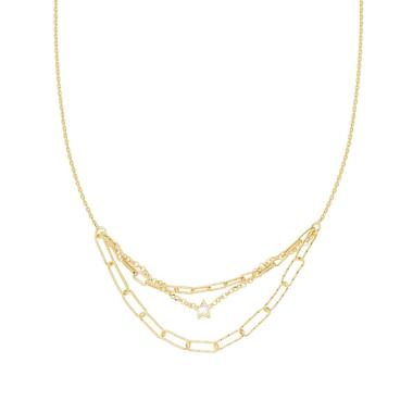 Collana Catena Forzatina Diamantata con centrale Multifili e Stella Cubic Zirconia Bianco pendenti in ARGENTO 925 Galvanica Oro