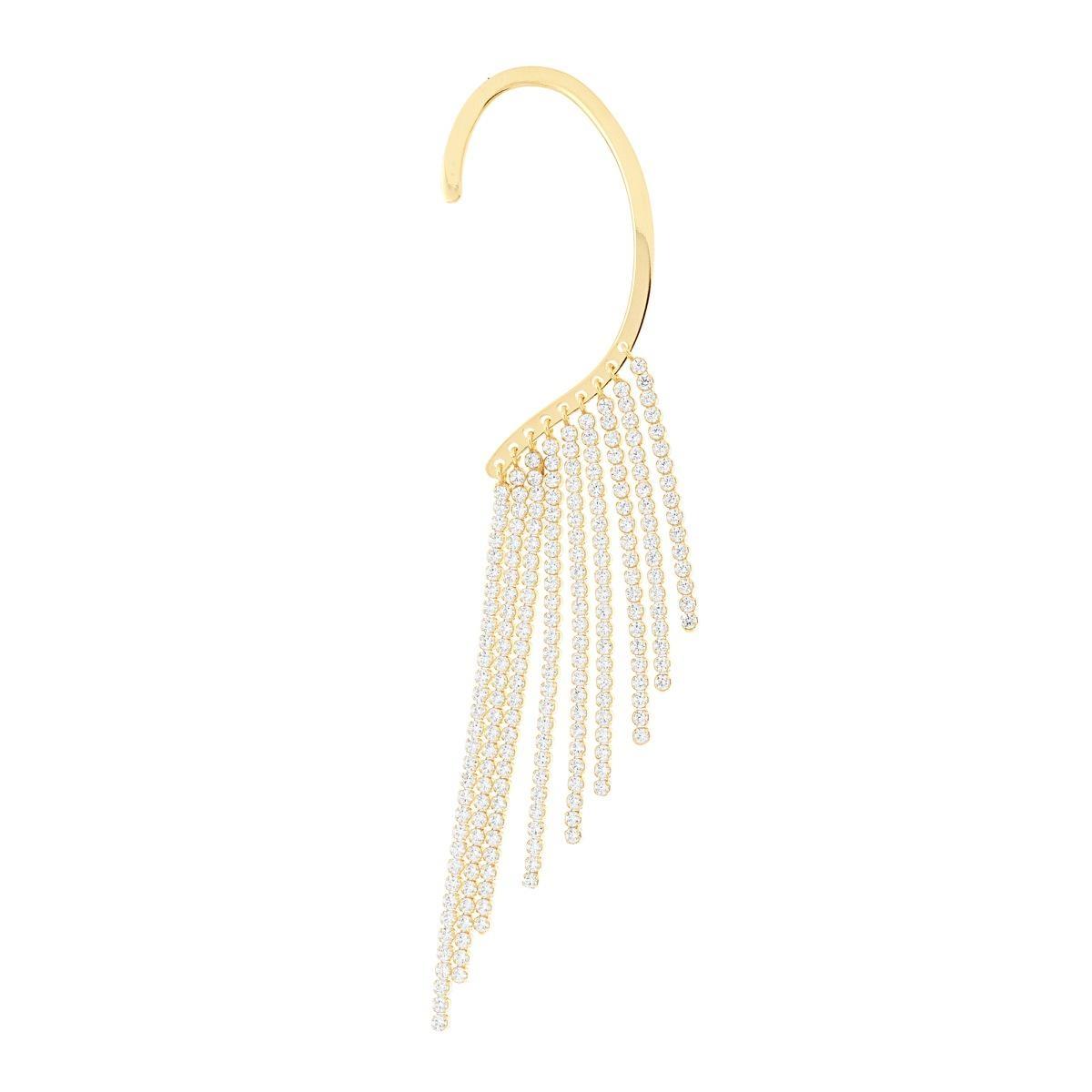 Orecchino Long Ear Cuff Sinistro Chandelier con Multifilo Tennis Cubic Zirconia Bianchi in ARGENTO 925 Galvanica Oro