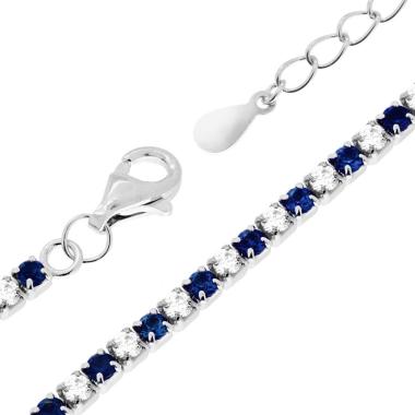 Bracciale Tennis cm 17+3 con Zirconi mm 2 Bianchi e Blu Zaffiro alternati in ARGENTO 925 Galvanica Rodio