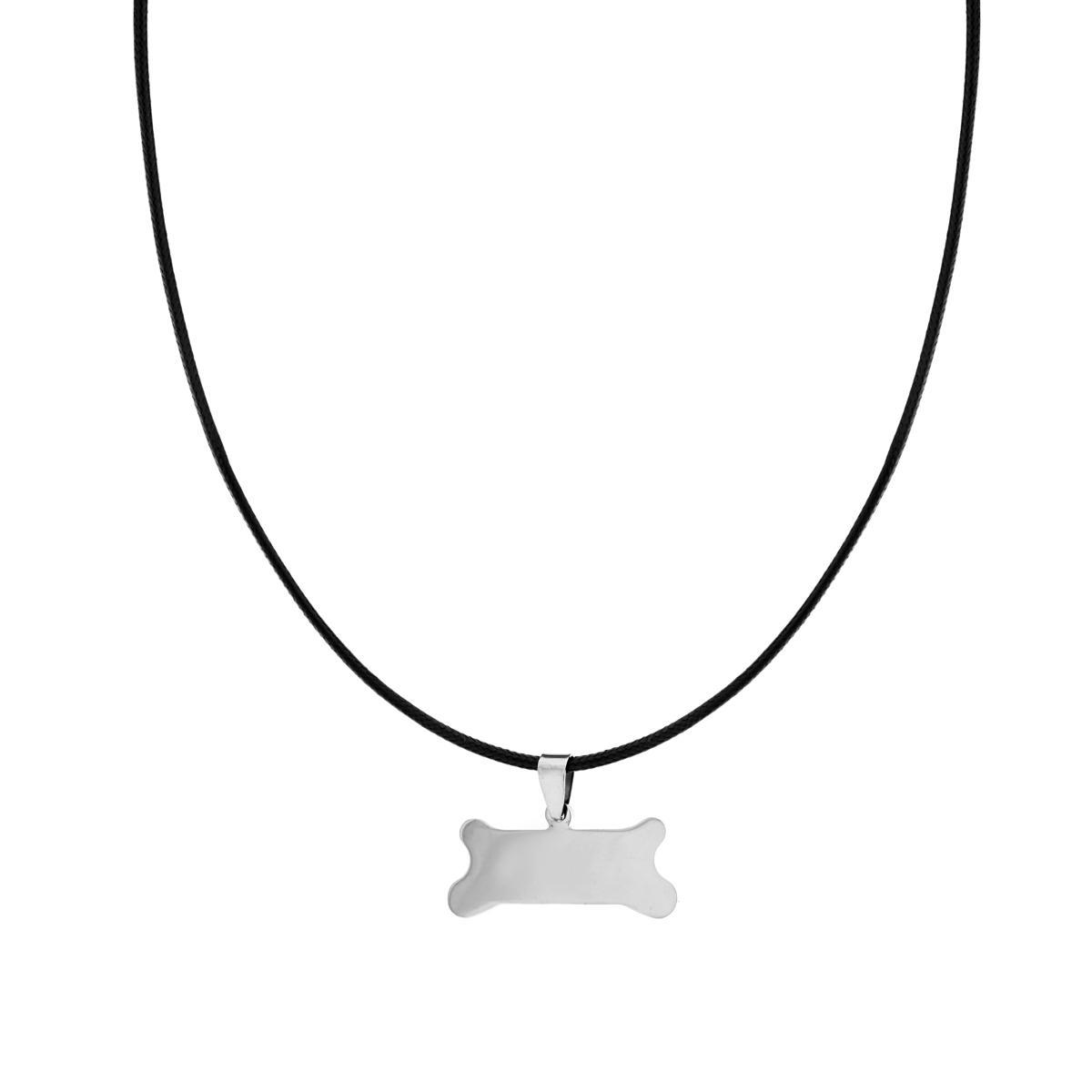 Collana filo Ecopelle Nero con Piastra Osso Cane pendente in ACCIAIO